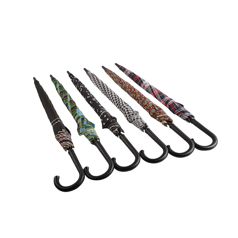 Gerader Regenschirm aus Pongee mit dreifarbigen Streifen und gemischtem Muster – 0E6B0378