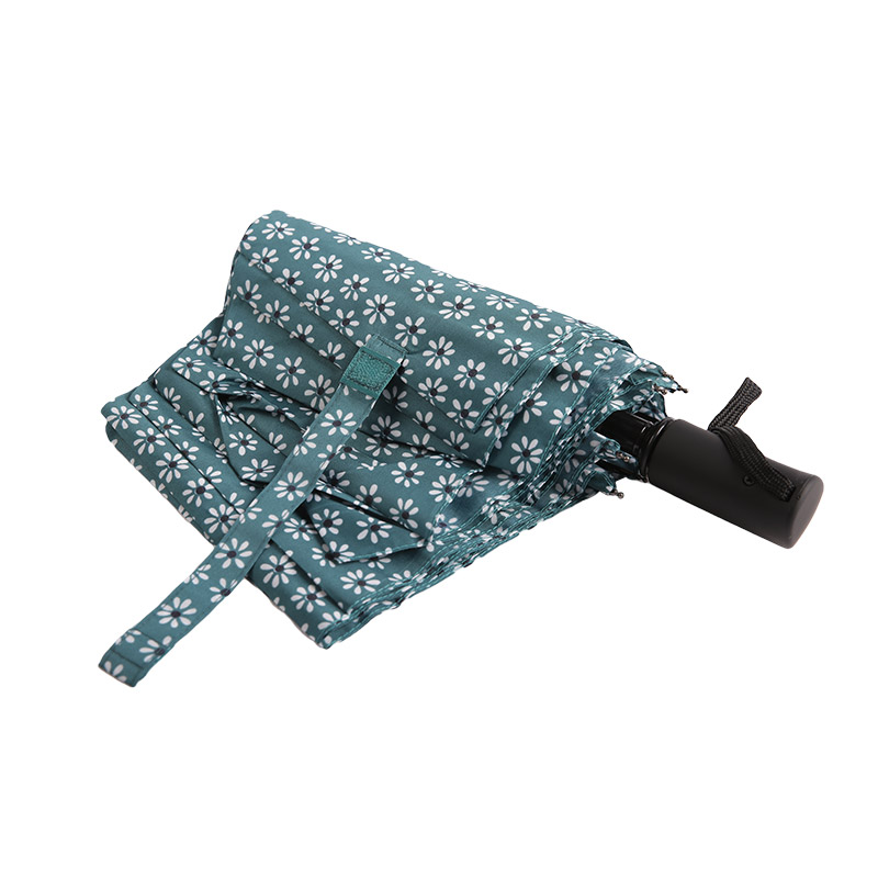 Grüner, frischer, floraler Pongee-Dreifach-Regenschirm – 0E6B0512